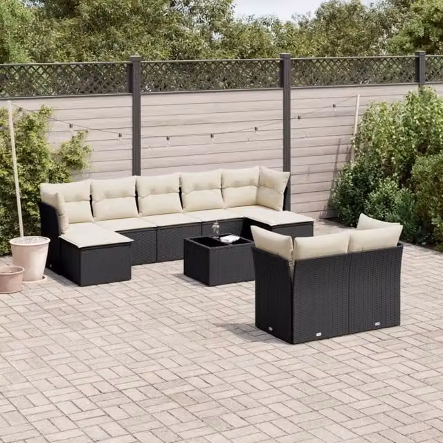 Set Divani da Giardino 10pz con Cuscini in Polyrattan Nero 3218316