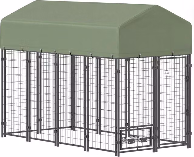 Recinto per Cani da Esterno GIORDANOSHOP Verde con Tetto in Tessuto Oxford Anti-UV Impermeabile e 2 Ciotole in Acciaio L: 244 cm, P: 122 cm, H: 183 cm