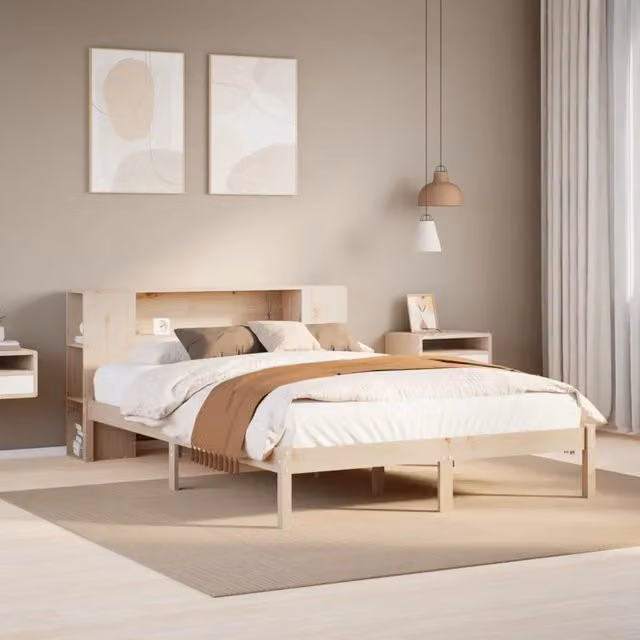 Letto Libreria vidaXL in Legno di Pino Naturale con Ripiani Laterali L/P/H: 190 x 135 x 82 cm – 1