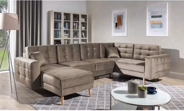 Divano angolare panoramico convertibile MEUBLORAMA HASGARD in velluto marrone con baule contenitore e funzione letto, L: 326 cm
