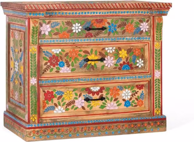 Cassettiera a tre cassetti in legno di mango con decorazione floreale dipinta a mano multicolore di Giner Y Colomer
