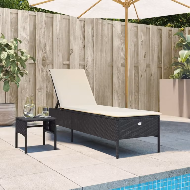vidaXL Lettino Prendisole in Polyrattan Nero con Tavolo e Cuscino Impermeabile