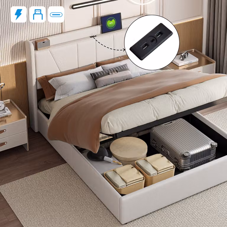 Letto imbottito CDGlobal 160x200cm con USB tipo C e rete a doghe, letto a molle idrauliche con contenitore, letto contenitore letto matrimoniale con testata contenitore, lino, beige