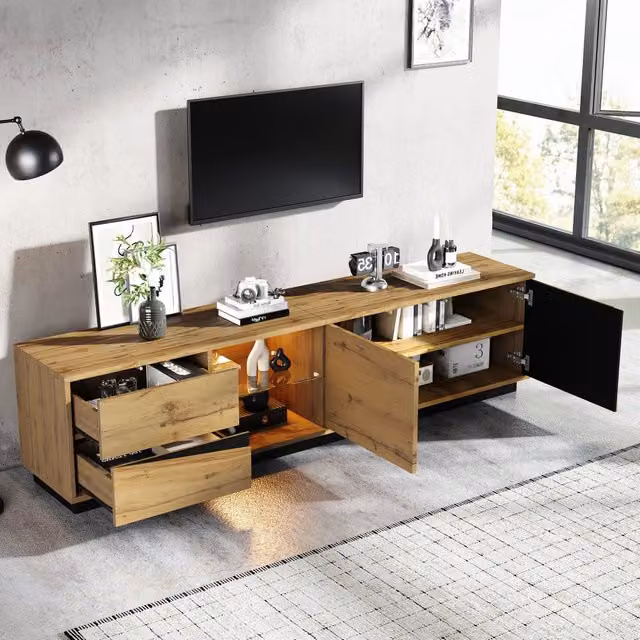 Mobile TV con 2 cassetti, 2 ante, vano aperto e luce LED per soggiorno, in MDF effetto legno e nero, 180×35×45 cm