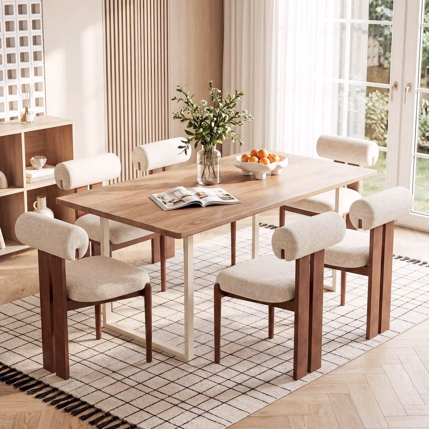 Set di 6 sedie da pranzo con schienale cilindrico, struttura in legno, design moderno, adatte per cucina e sala da pranzo, colore beige