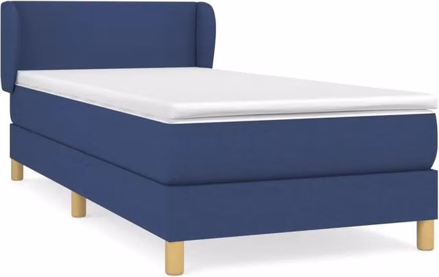 Letto singolo per adulti con materasso a molle e struttura imbottita in tessuto blu e bianco, L/P/H: 80 x 200 x 83 cm