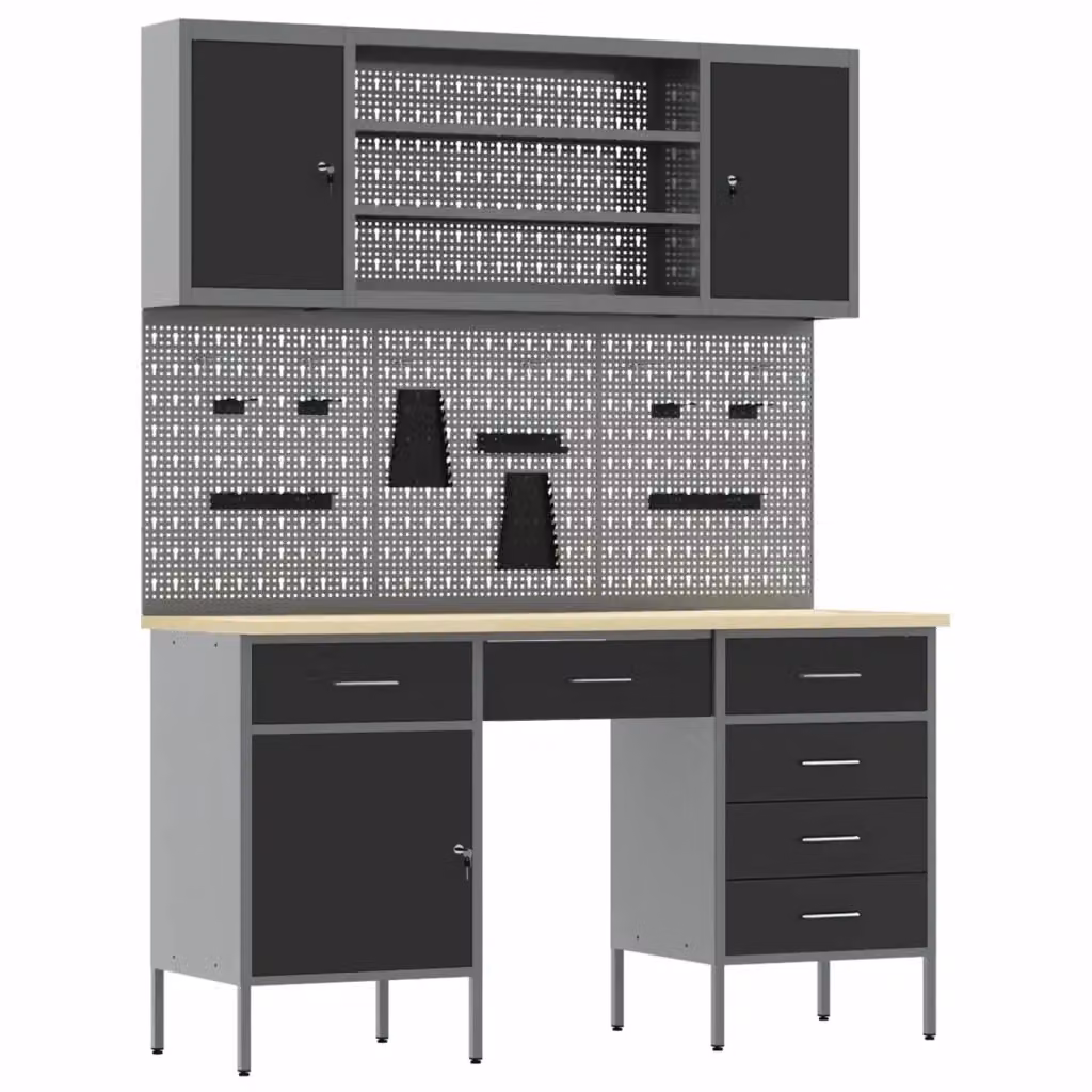 Set da lavoro vidaXL composto da 7 pezzi in legno ingegnerizzato e acciaio, colore nero – 2