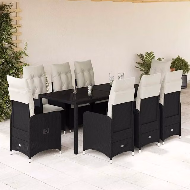 Set Bistrò da Giardino vidaXL 9 pz in Polyrattan Nero con Piano in Vetro e Cuscini – 1