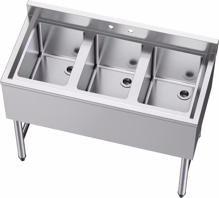 Lavello SucceBuy a tre vasche, paraspruzzi e scarico efficiente, lavello da cucina (978 x 470 x 838 mm), adatto per ristoranti, furgoni gastronomici e uso privato, lavello in acciaio inossidabile