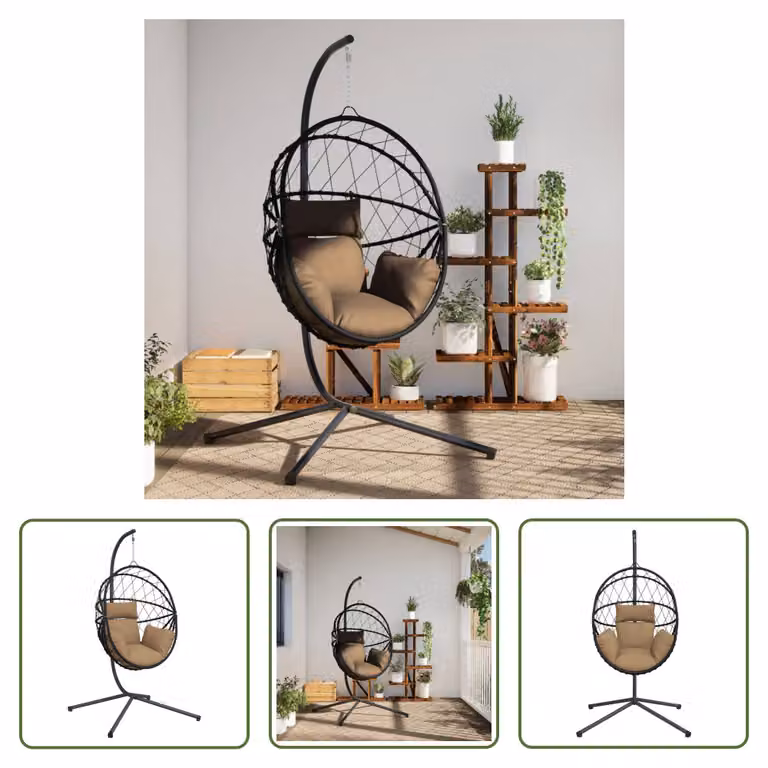 The Living Store Sedia sospesa Egg Design con supporto in rattan e acciaio Taupe