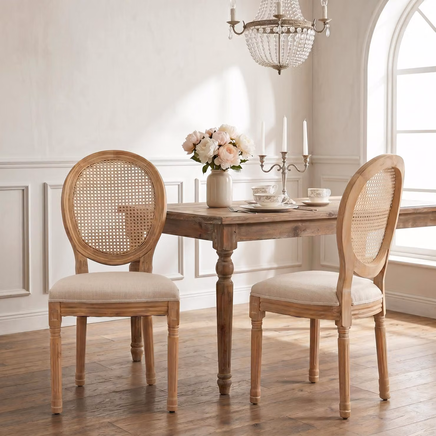 LVHOM, set di 2 sedie da pranzo, modello Medaillon con intreccio viennese, sedia imbottita in lino, stile rustico francese, sedia in legno vintage, ideale per la cucina, colore beige
