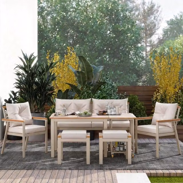 Set Tavolo da Pranzo e Sedie Minimal in Legno di Acacia Beige con Carrello Rimovibile per Giardino e Terrazza