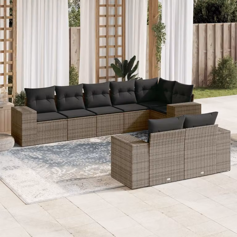 vidaXL Set Divano da Giardino 8 pz a forma di U in Polyrattan Grigio con Cuscini Imbottiti e Coperture Rimosse