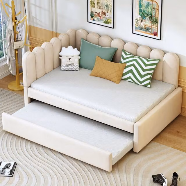 Letto divano 140 × 200 cm con letto estraibile e schienale a petalo, senza materasso, in velluto beige