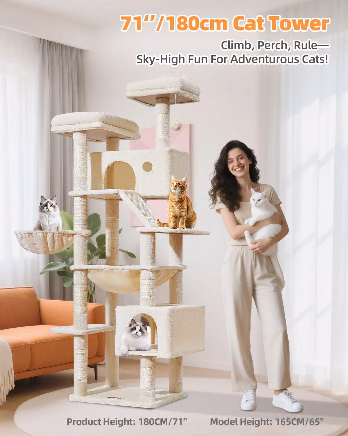 Albero per gatti grande, altezza 180 cm, 8 pali per graffiare, 2 piattaforme, 2 tane, amaca, cestino, palline di peluche, color beige