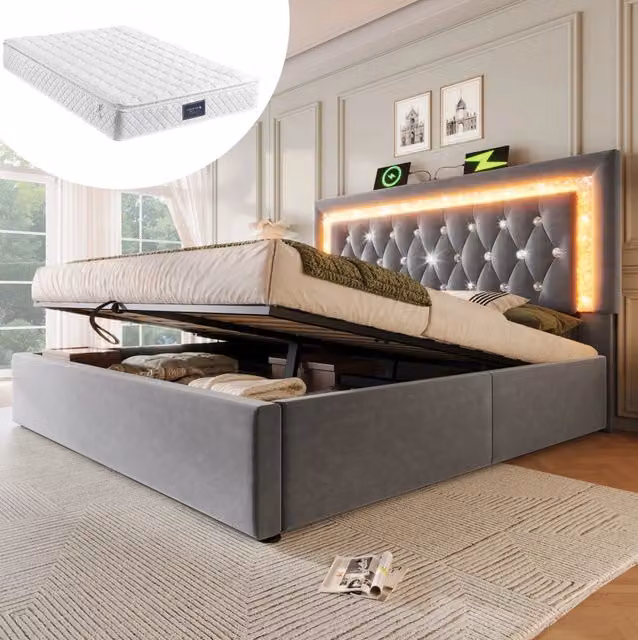 Letto matrimoniale 140x200 cm in velluto grigio con contenitore e materasso –