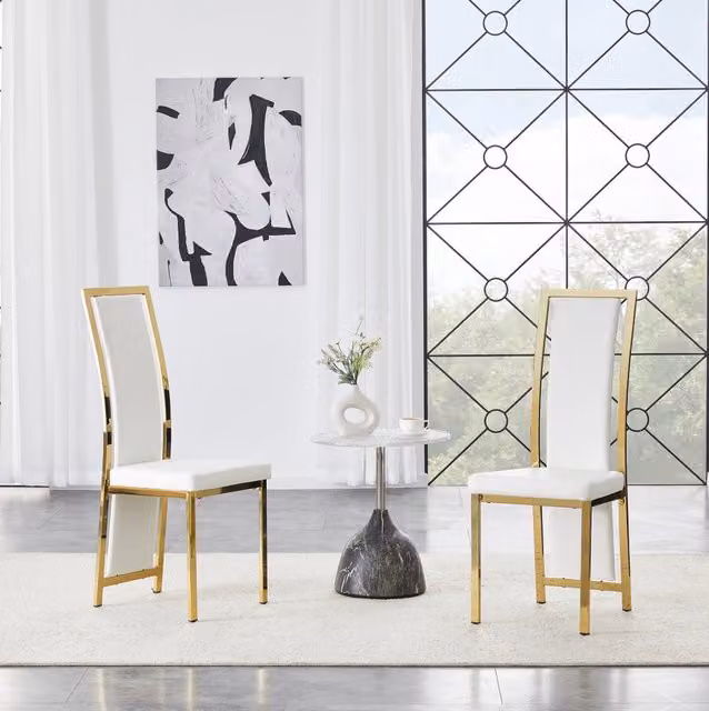 Set 2 sedie da pranzo con schienale alto 109 cm in PU bianco e metallo dorato
