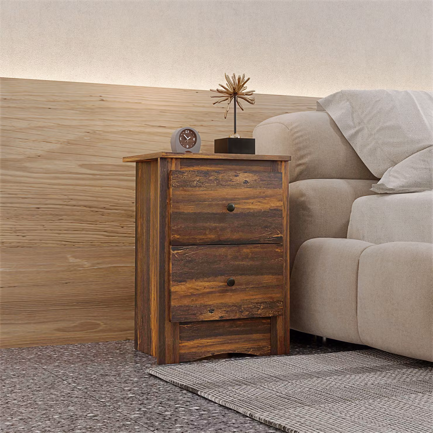 Comodino HOMCOM in legno dallo stile rustico con 2 cassetti, Marrone, L 40 cm x P 30 cm x H 56 cm – 2