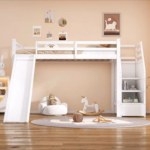 Letto a soppalco per bambini 90 × 200 cm con scivolo, scala contenitore e barriera rimovibile, senza materasso bianco