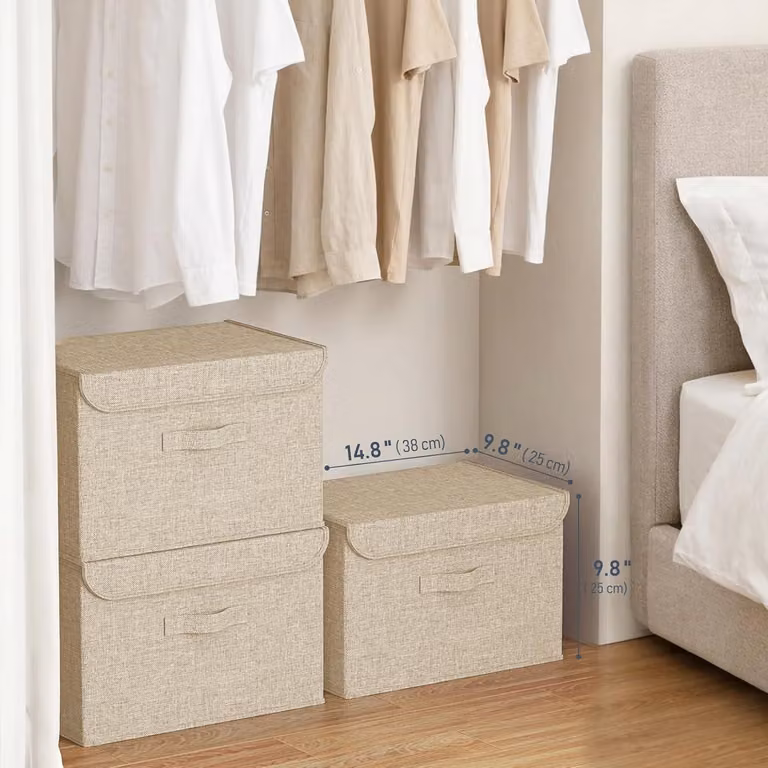 Contenitori portaoggetti, 2 pezzi. Contenitori con coperchio, pieghevoli, con maniglia. Cesti portaoggetti in tessuto. Contenitori
