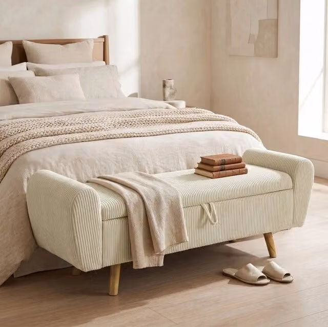 Panca contenitore beige in velluto a coste con braccioli imbottiti, 150 cm