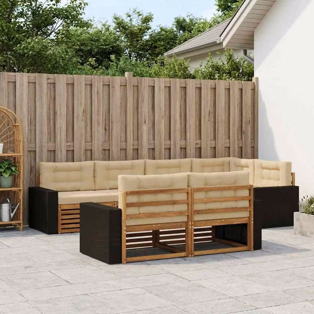 Set di divani da esterno a L vidaXL in legno di acacia con cuscini, 7 pezzi, Beige e Marrone