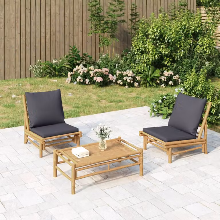 Set Salotto da Giardino vidaXL in 3 Pezzi con Cuscini in Bambù e Colore Grigio Scuro