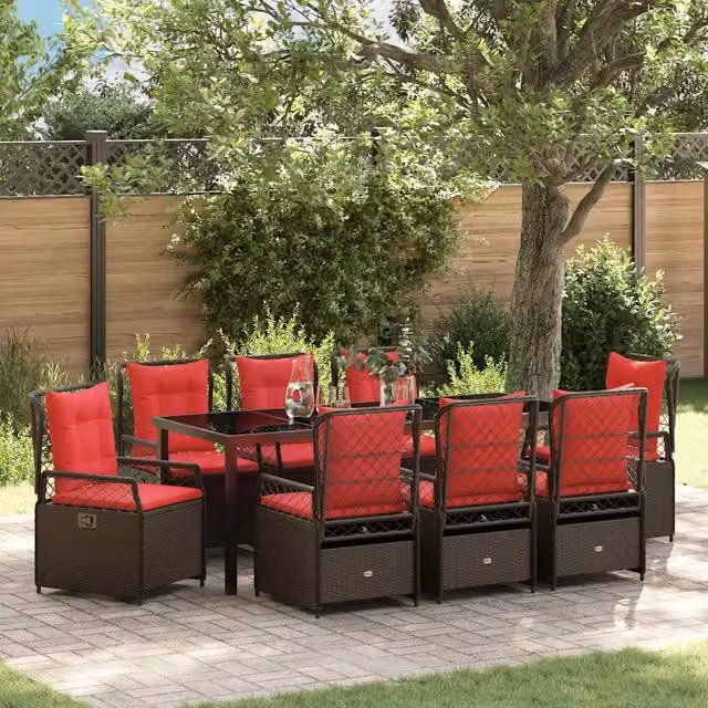 Set da pranzo per giardino e terrazzo vidaXL in polyrattan marrone con piano in vetro e 9 pezzi – 1