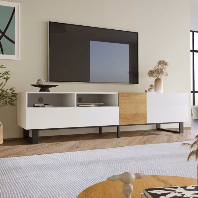 Mobile porta TV OKWISH moderno in MDF bianco con 2 ante, 2 cassetti e 2 vani aperti per soggiorno L: 180 cm, P: 38 cm, H: 50 cm