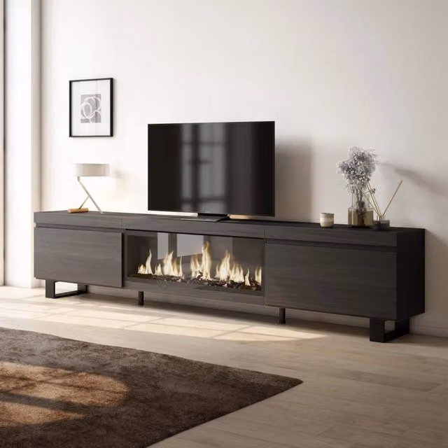 Mobile TV Soggiorno, 267x35x57cm, TV di grande formato, Camino elettrico XXL, Design industriale, Nero RF3601