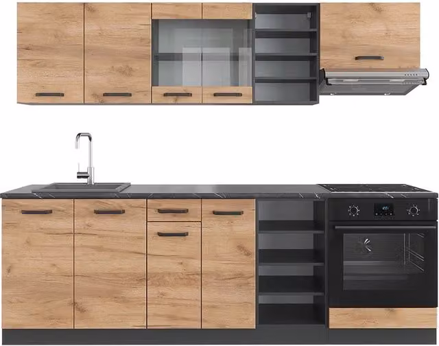 Cucina componibile moderna Vicco R-Line in legno e metallo, Rovere e Antracite, L: 240 cm, P: 60 cm, H: 206,8 cm