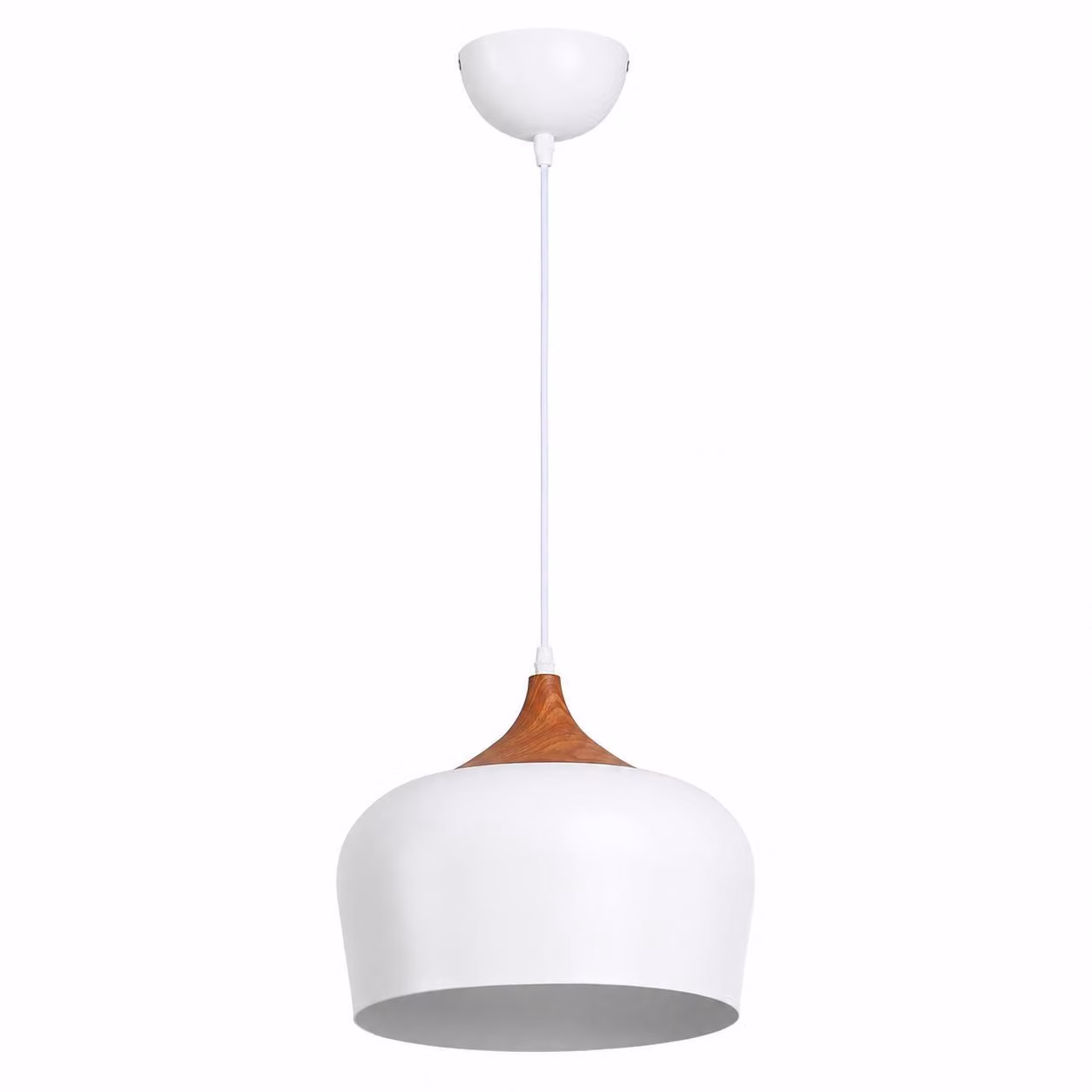 Lampada a sospensione moderna, 35 cm - fusto in legno e cupola industriale bianca, E27, ideale per isola della cucina, sala da pranzo, soggiorno, bar o corridoio