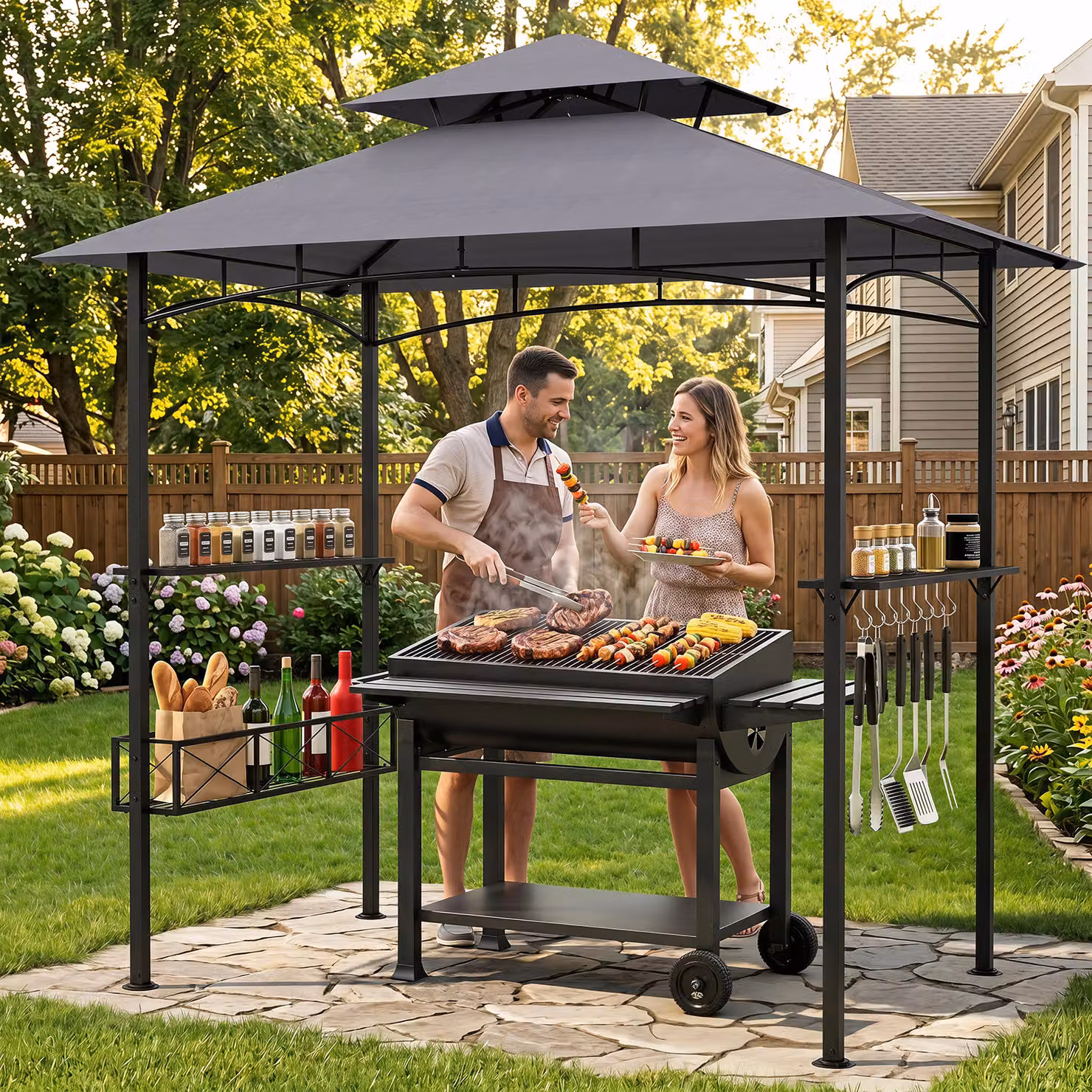 Gazebo per barbecue Costway Grigio con 2 ripiani e 8 ganci per giardino