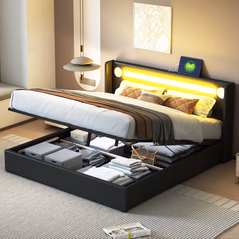 Letto imbottito STILVORA 160x200 con rete a doghe, letto per ragazzi con lettore Bluetooth e ricarica USB, letto matrimoniale con illuminazione a LED e contenitore, nero (con materasso)