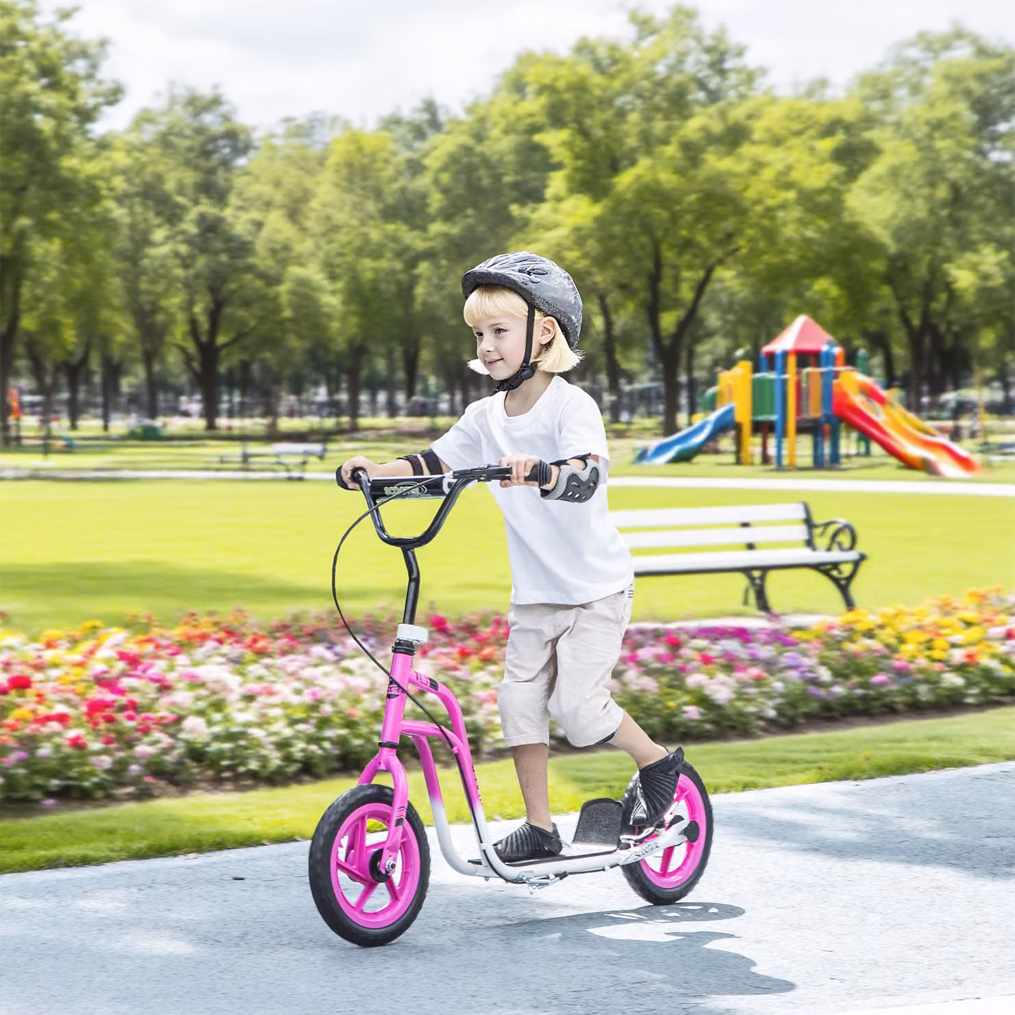Monopattino per bambini AIYAPLAY con manubrio regolabile e freno a mano, grandi ruote e supporto per parcheggio, rosa – 2