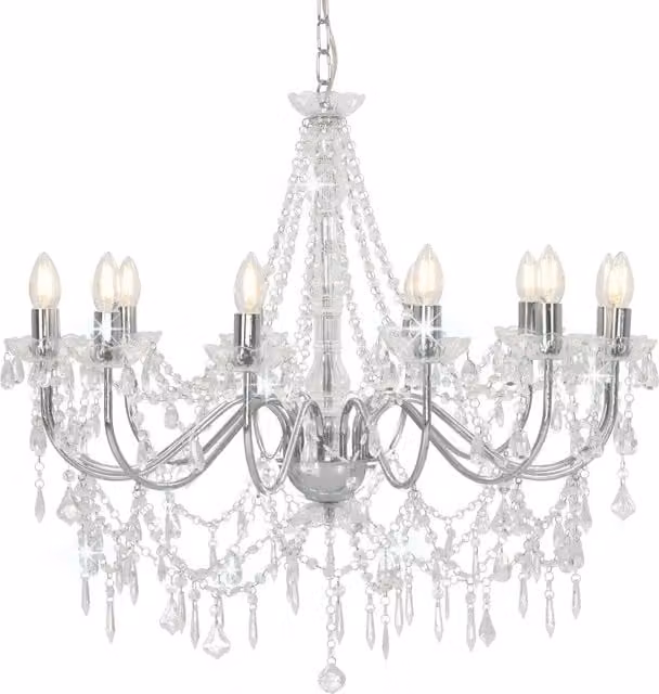 Lampadario a sospensione HELLOSHOP26 in metallo argentato e cristallo trasparente dal design antico con 12 lampadine, L: 80 cm, H: 75 cm