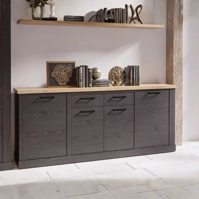 Madia Flux 4 ante e 2 cassetti in colore nero cabezone e top rovere riviera