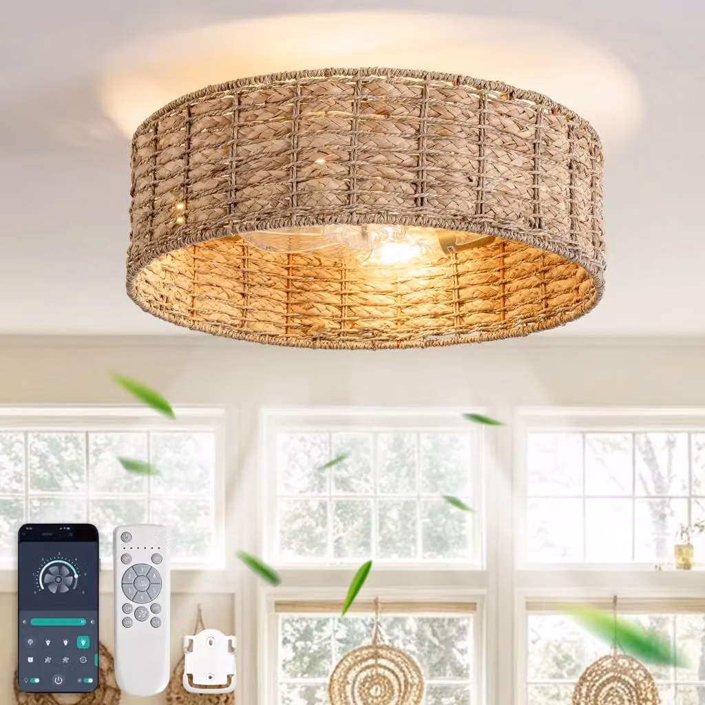Ventilatore da soffitto con luce in rattan naturale e finiture oro/ottone, diametro 48,26 cm, con telecomando e controllo app, 6 velocità reversibili, design boho per camera da letto – 2