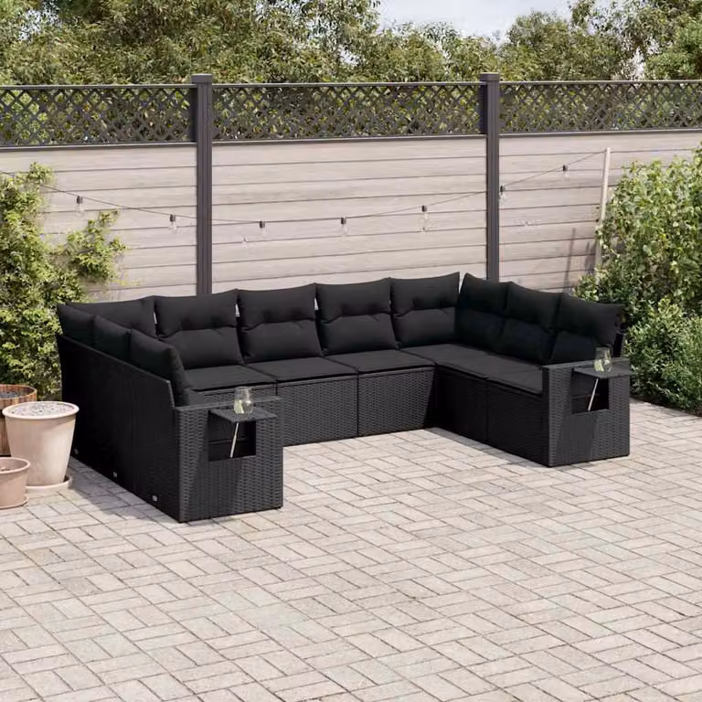 vidaXL Set Divani da Giardino a L 9 pz in Polyrattan Nero con Cuscini e Tavolino