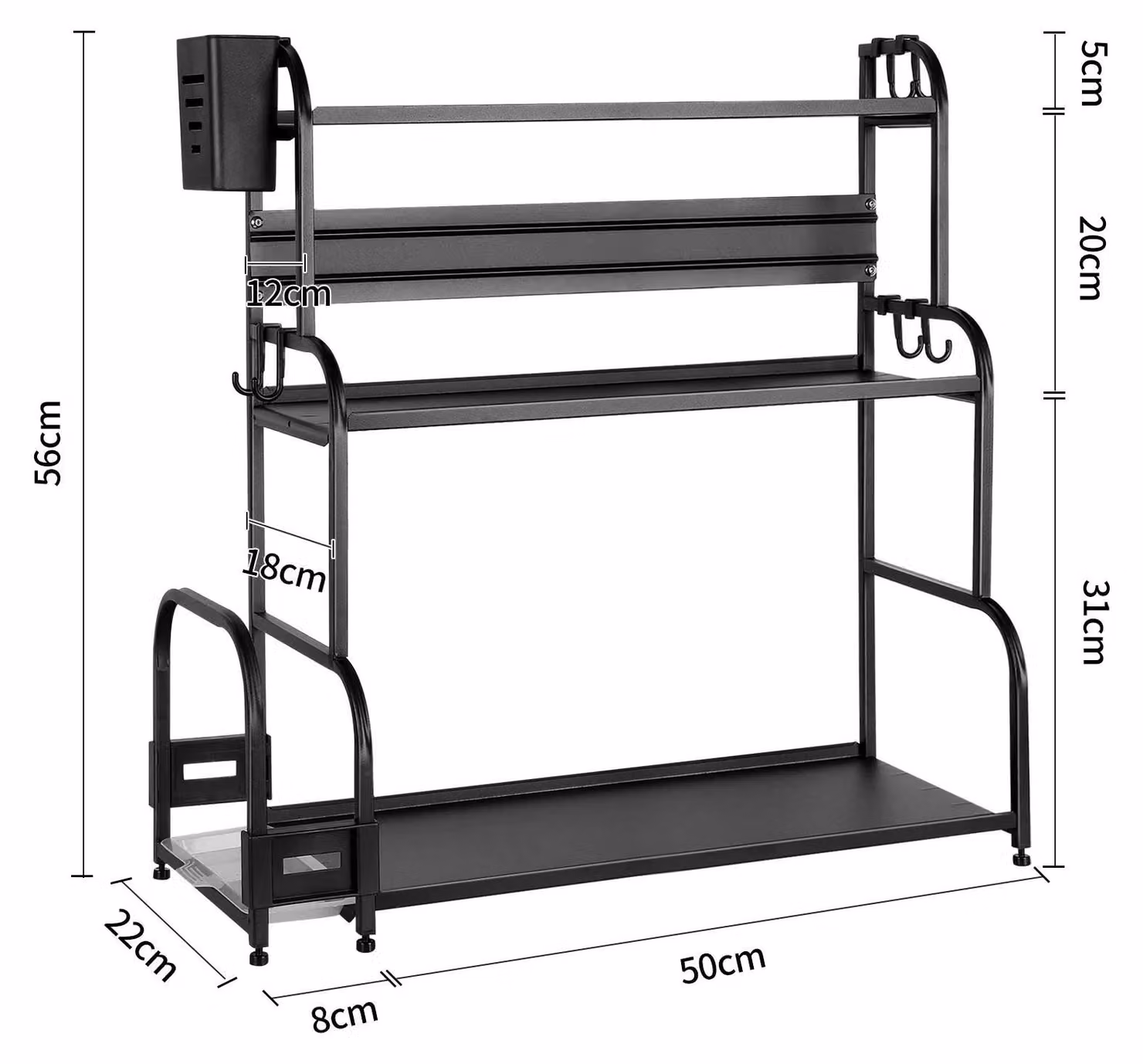 Scaffale da cucina - Organizer da piano di lavoro 58 cm - 3 ripiani - Portatagliere e portaposate - Scaffale per spezie - Acciaio - Nero