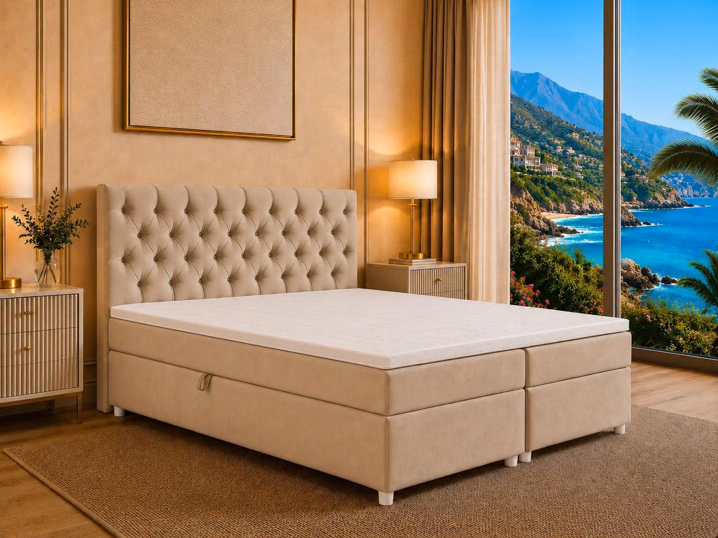 Best for Home Letto boxspring con contenitore Trinity K-14 con molle Bonell, topper incluso - 160x200 - Beige