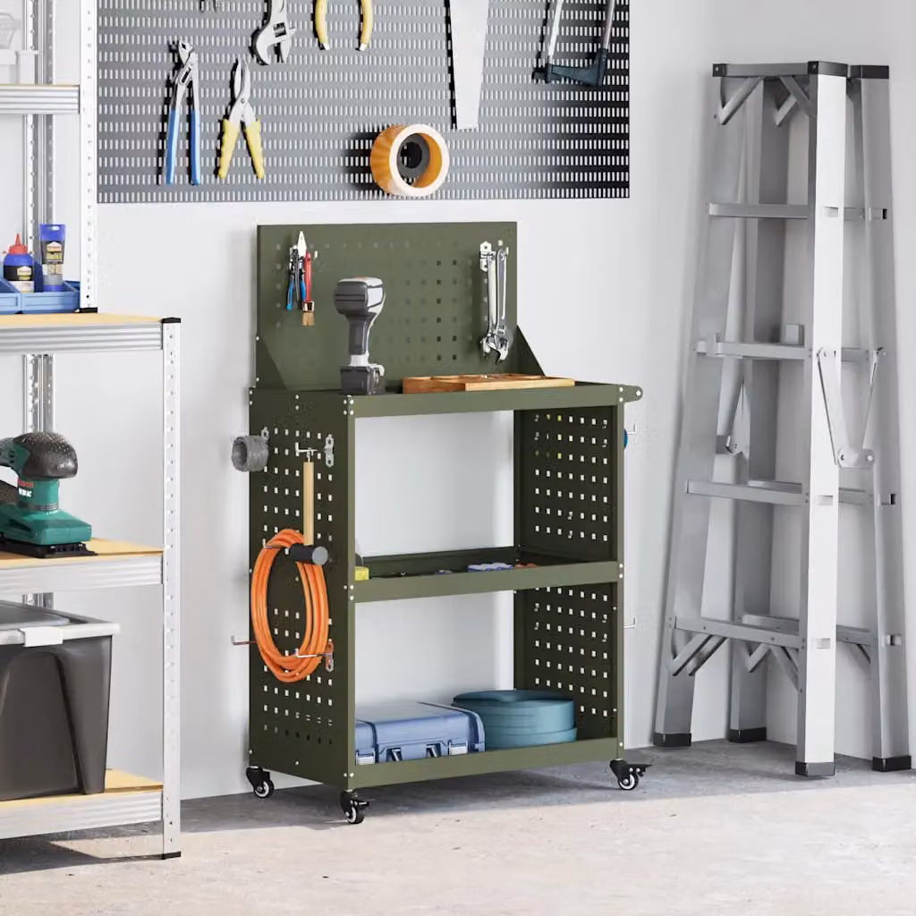 vidaXL Carrello per Attrezzi con Ruote in Acciaio Verde Oliva L: 65 cm, P: 35 cm, H: 111 cm