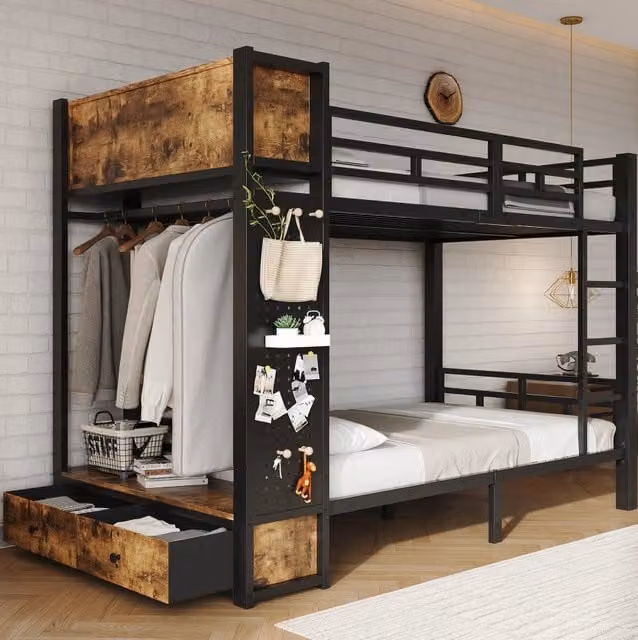 Letto a castello in metallo nero 120x200 cm con contenitore, asta appendiabiti, cassetto e pannello forato