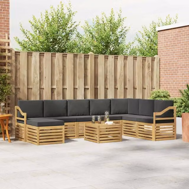 Set di divani ad angolo vidaXL in legno di acacia massello con cuscini grigi per giardino e terrazzo