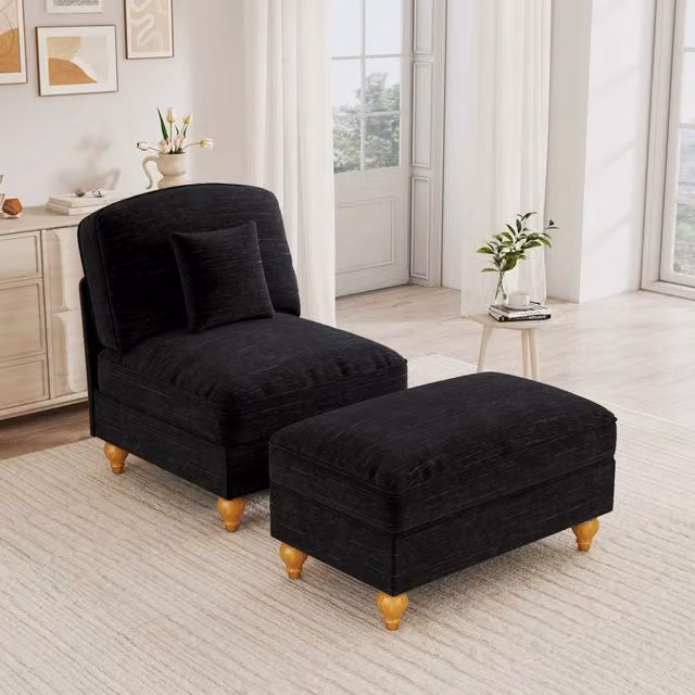 Poltrona con pouf OKWISH in ciniglia nera con braccioli e design moderno per soggiorno