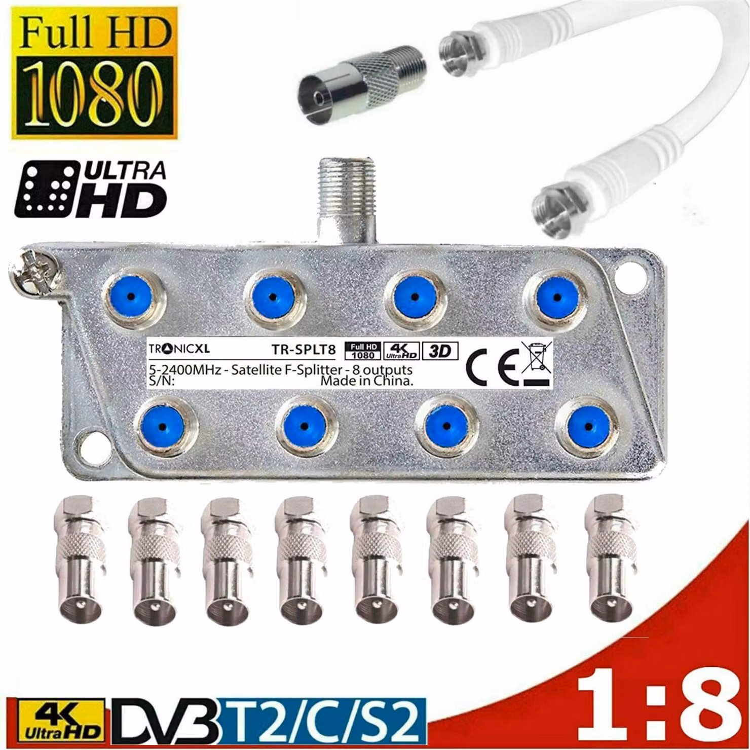 Distributore di cavi a banda larga IEC Splitter TV a 8 vie TV via cavo DVB-T DVB-C