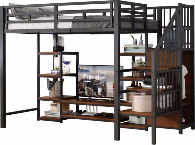 Letto Soppalcato Singolo REDOM in Metallo e MDF Nero con Scala, Ripiani Laterali e Porta USB L/P/H: 90 x 200 cm