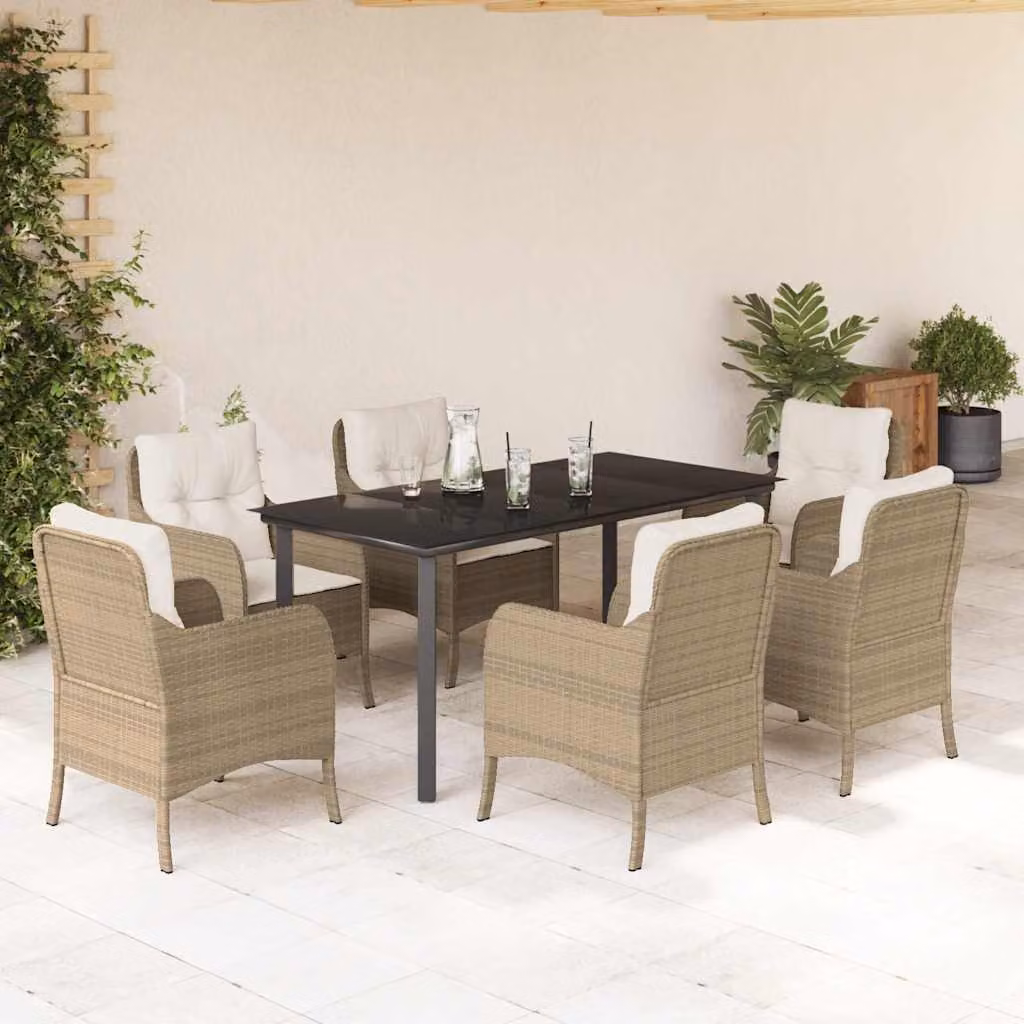 Set da Pranzo da Giardino vidaXL in Polyrattan con Cuscini Beige e Tavolo in Vetro, 7 Pezzi – 1