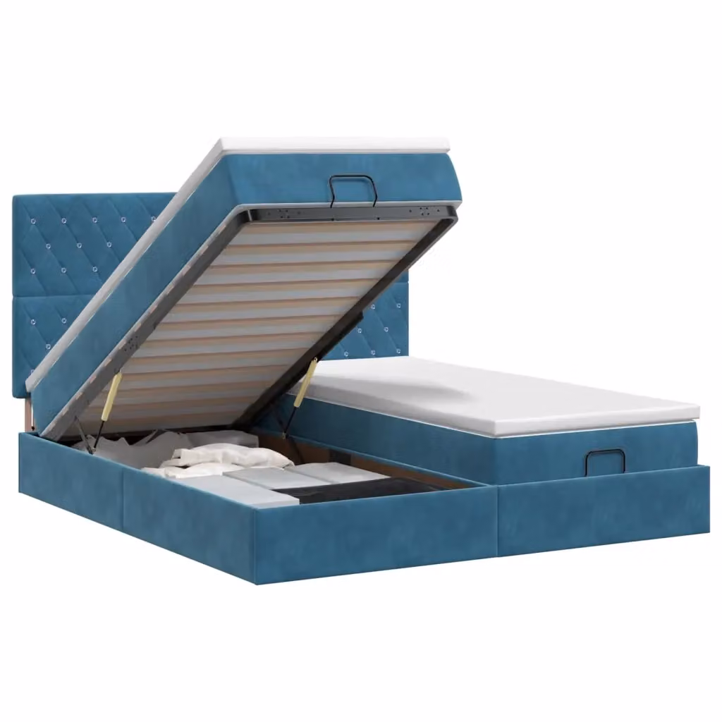 Letto ottomano con contenitore e materasso vidaXL in velluto blu e bianco L/P/H: 203 x 180 x 88 cm – 2