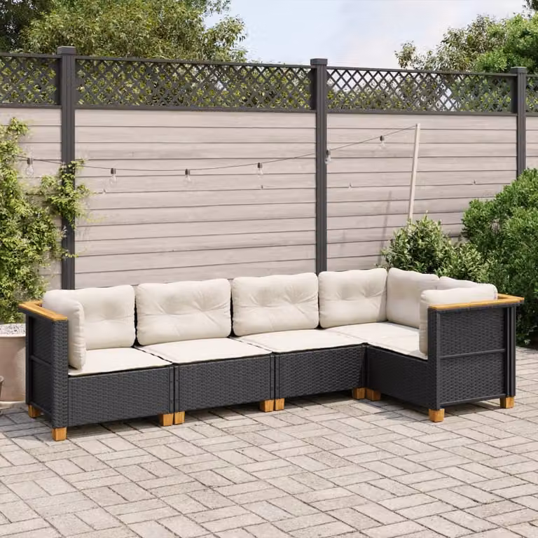 Set di Divani da Giardino a L vidaXL in Polyrattan e Legno di Acacia con Cuscini Bianchi e Struttura in Acciaio Nero